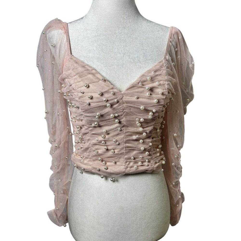 Pink Sheer Mesh Pearl Embellished Long Sleeve Ruched Blouse Top Size M”